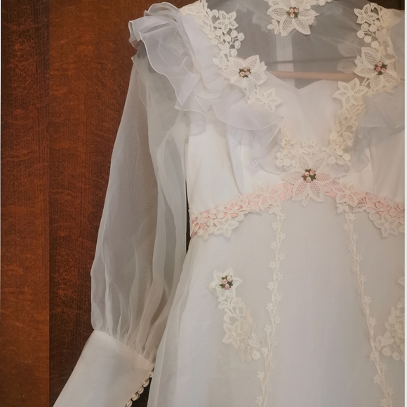 Vintage 60s Wedding Dress Long Veil Train Ruffles Floral Lace Barbie Pink 1960 - Picture 11 of 16
